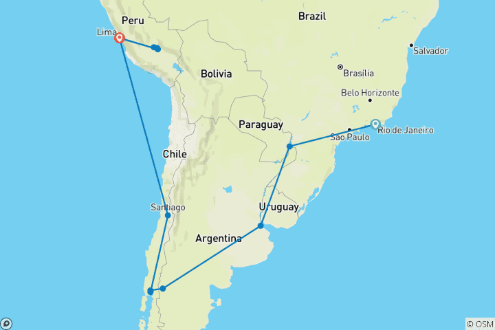 Carte du circuit Odyssée sud-américaine au Pérou (13 destinations)