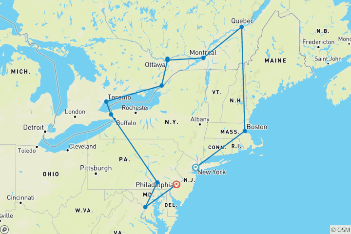 Carte du circuit Grandes vacances dans l'est des États- Unis et du Canada