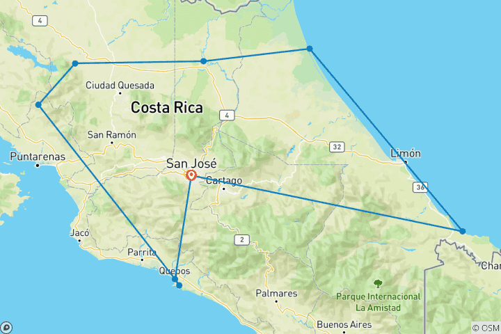 Carte du circuit Aventure au Costa Rica