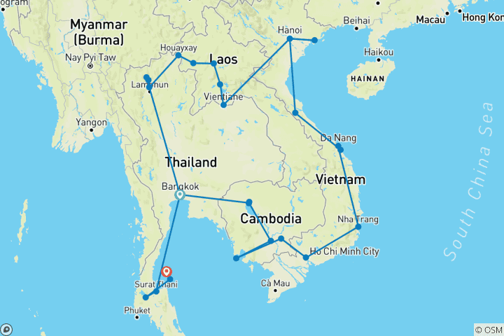 Carte du circuit Asie du Sud-Est - Excursions en bateau et peuples des montagnes