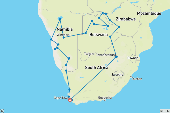 Carte du circuit Les points forts de l'Afrique australe