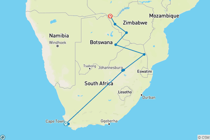 Carte du circuit Le Cap, le parc national Kruger et le Zimbabwe