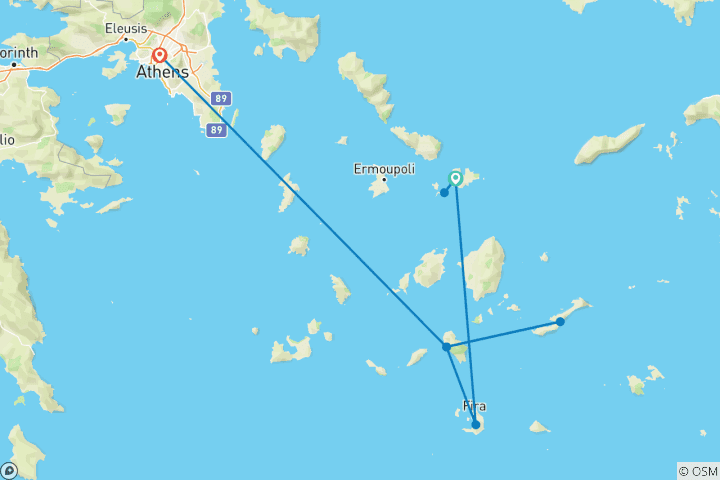 Kaart van Reis van Mykonos naar Athene