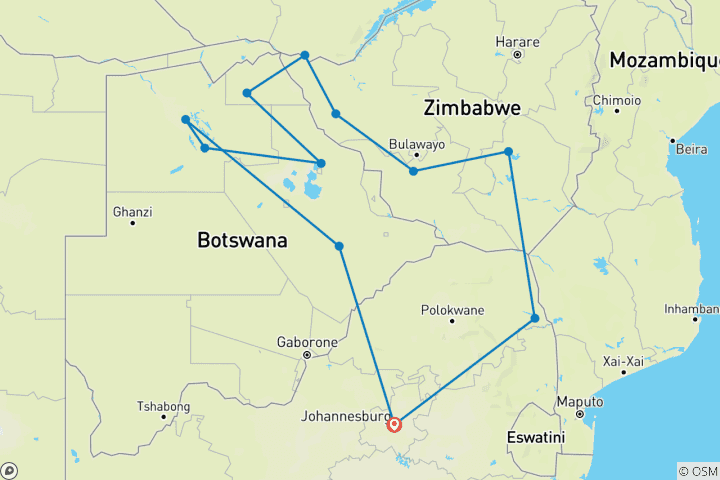Map of Zimbabwe & Botswana Game Trail