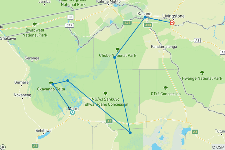 Karte von Botswana Wild Parks (Maun Start)