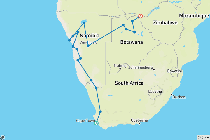 Karte von Kapstadt nach Vic Falls