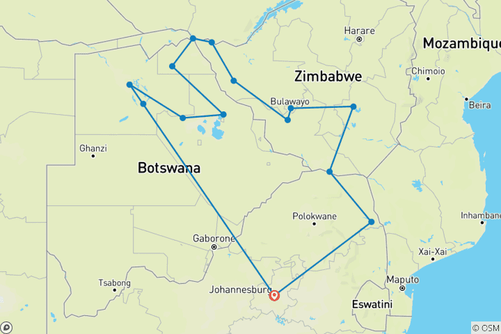 Carte du circuit Suivi de la faune au Zimbabwe et au Botswana