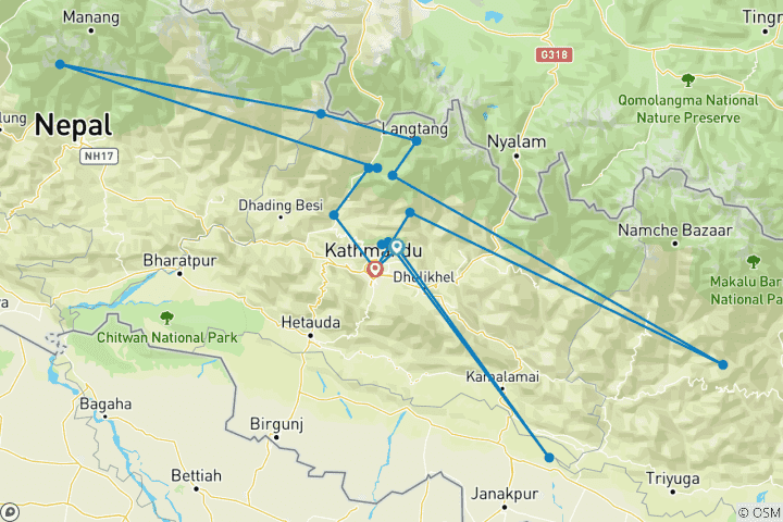 Map of 09 days - Langtang and Gosainkunda Trek