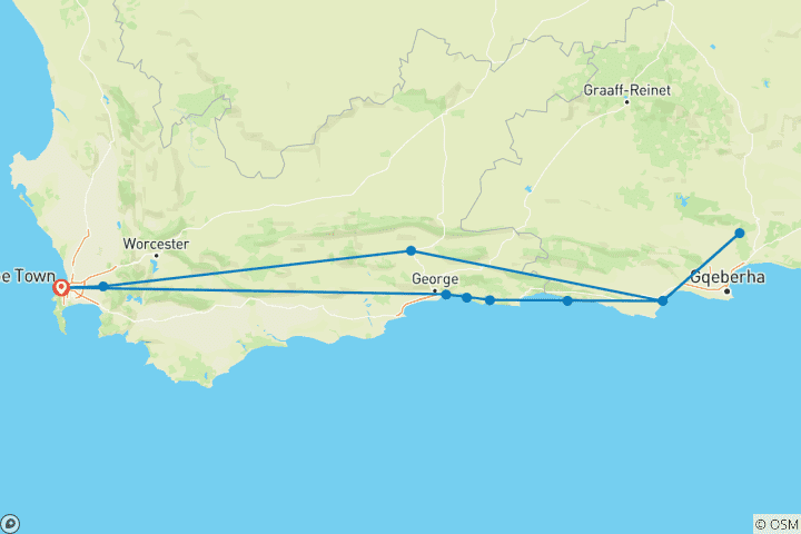 Carte du circuit 7 jours Route des jardins, Cape Point et Winelands Combo