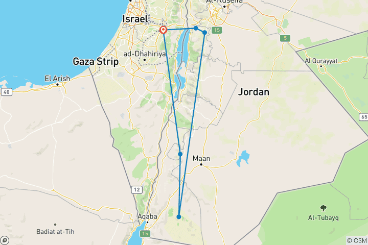 Mapa de Circuito de 3 días a Petra y Wadi Rum desde Jerusalén