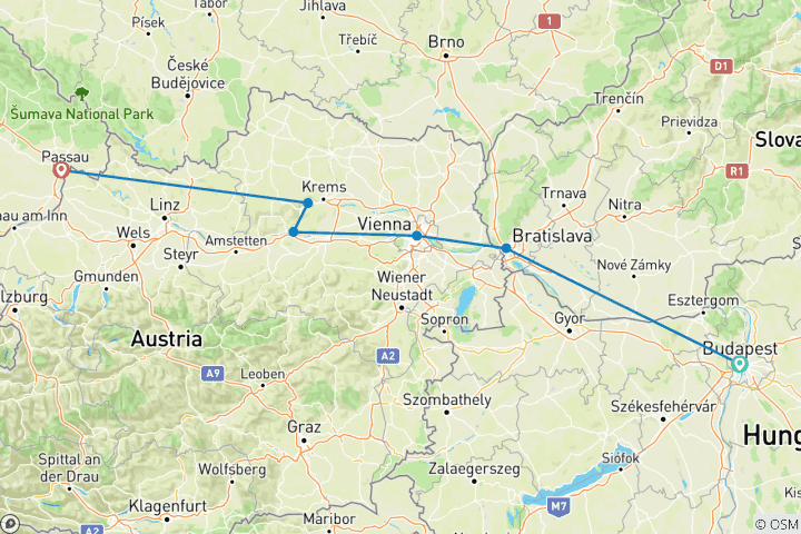 Karte von Die schöne Blaue Donau (Hafen-zu-Hafen-Kreuzfahrt) (von Budapest nach Passau)
