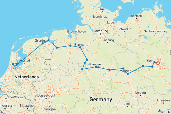 Carte du circuit D'Amsterdam à Berlin (croisière de port à port)