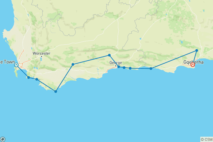 Mapa de Aventura ruta jardín y grupo Addo de 5 días (solo ida)