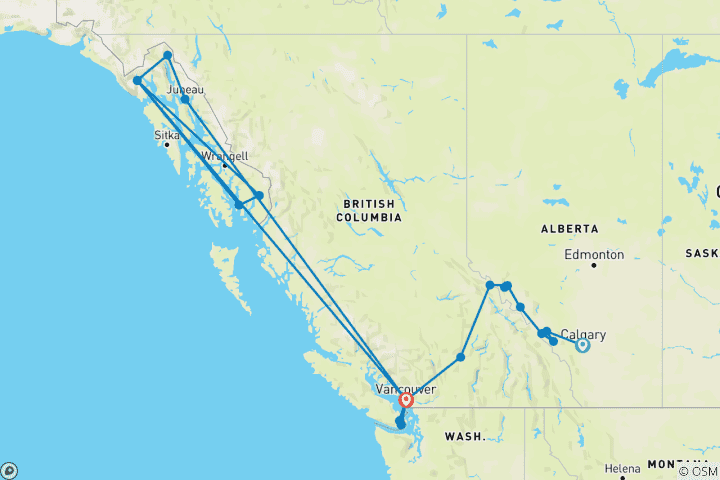Kaart van West-Canada per trein met Alaska-cruise