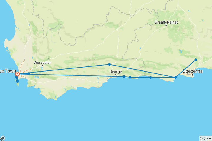 Map of 10 day Cape & Garden Route Combo - optional accommodation