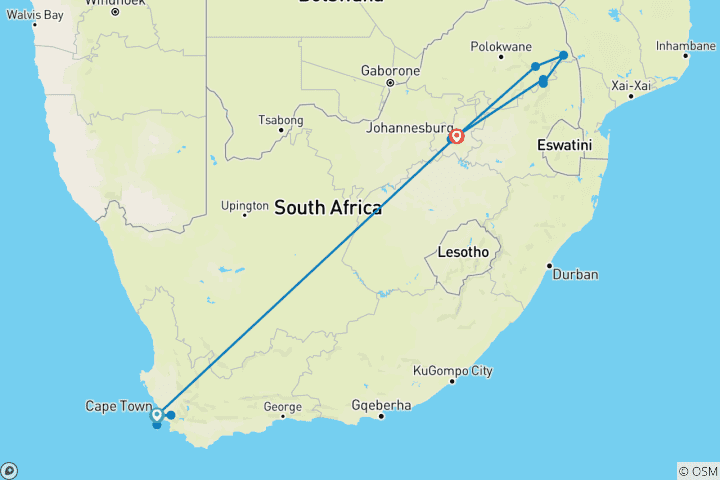 Carte du circuit Journeys : Découvrez Le Cap et le Parc National Kruger National Geographic