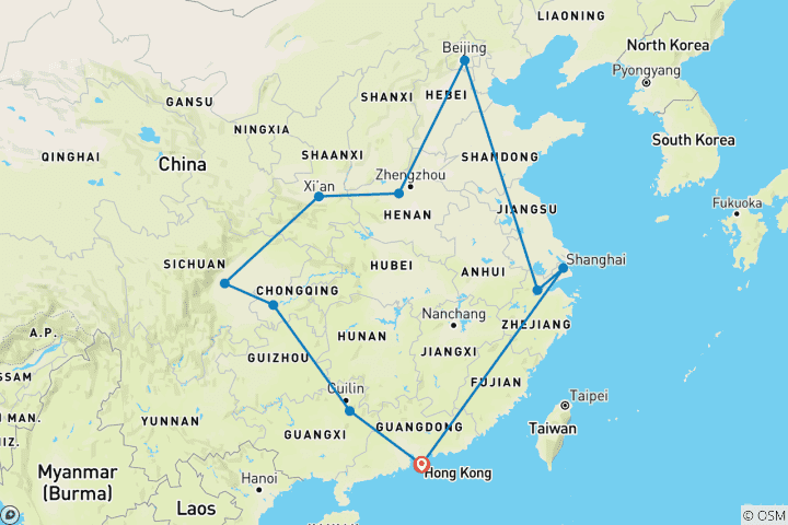 Carte du circuit Circuit de 27 jours en Chine : Hong Kong, Pékin, Shanghai, Xi'an, Chengdu et au-delà
