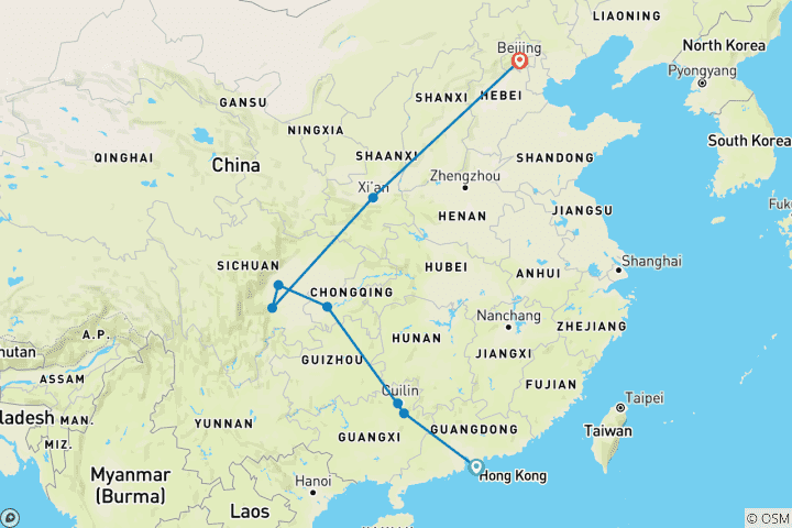 Carte du circuit La Chine dévoilée : voyage de 18 jours de Hong Kong à Pékin