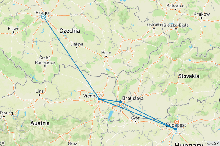 Karte von Prag, Wien und Budapest
