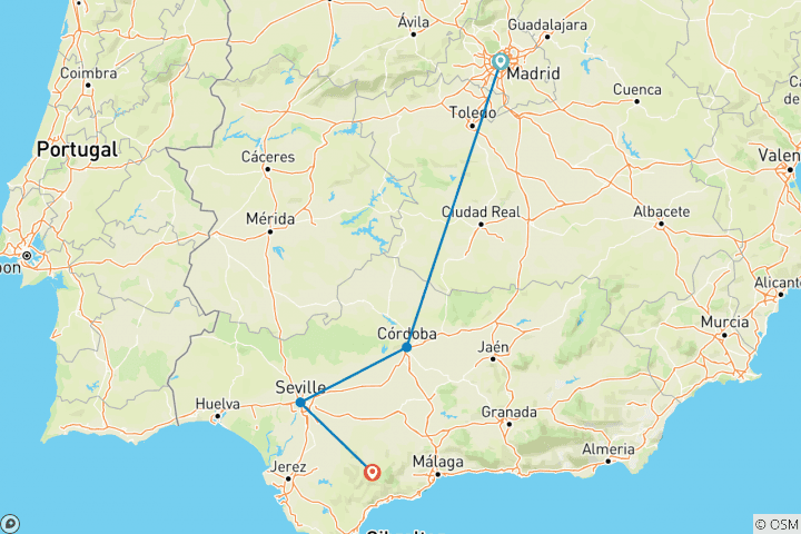 Carte du circuit Circuit de 5 jours en Andalousie, Costa del Sol et Tolède au départ de Madrid (de Madrid à Ronda)