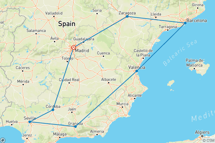 Mapa de Circuito de 7 días Andalucía y Costa Mediterránea y Barcelona desde Madrid