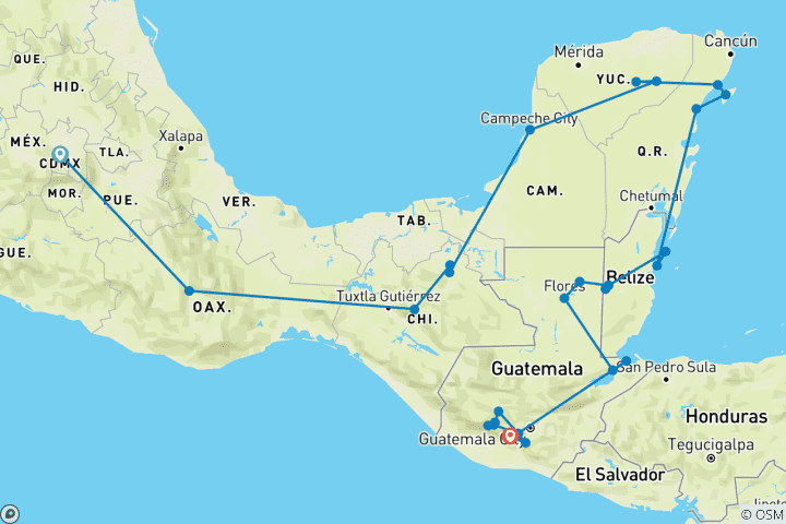 Carte du circuit Mexique, Belize et Guatemala