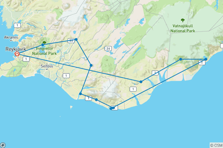 Carte du circuit 3 jours - Cercle d'or, côte sud, Jökulsárlón et grotte de glace