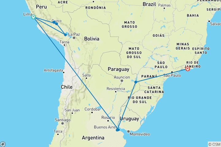 Carte du circuit Explorez le Pérou, l'Argentine et le Brésil (de Lima à Rio de Janeiro)