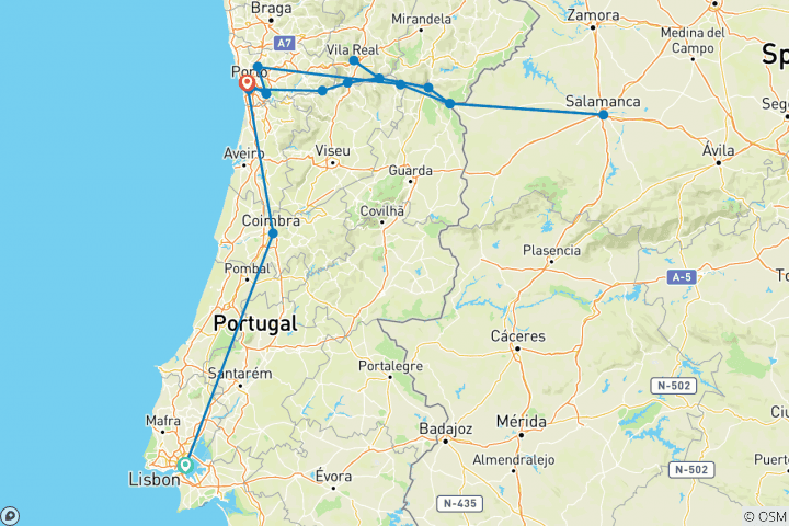 Karte von Lissabon, Porto und das Douro-Tal (Portugal) sowie Salamanca (Spanien) (Hafen-zu-Hafen-Kreuzfahrt, 17 Reiseziele)