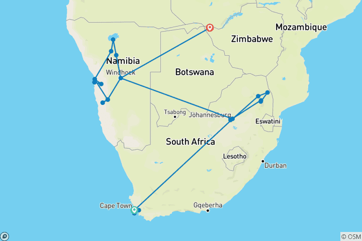 Carte du circuit Journeys : Points forts de l'Afrique du Sud National Geographic