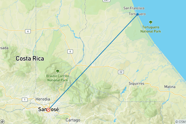 Mapa de Circuito al Parque Nacional Tortuguero - aventura independiente de 4 días