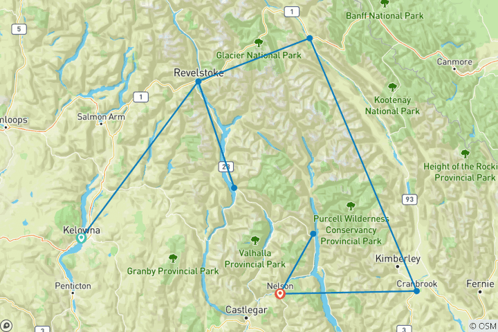 Mapa de Ruta de esquí por Columbia Británica: 9 días
