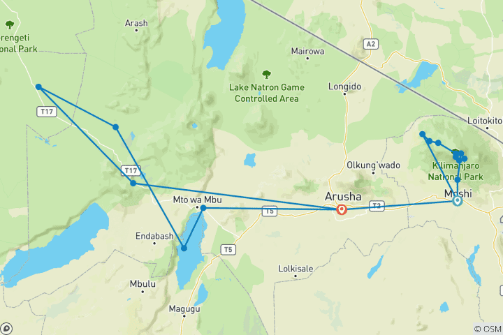 Mapa de Kilimanjaro: ruta Lemosho y Serengeti