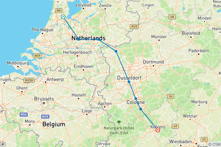 Map of Easy Bike and Barge Tour Amsterdam to Koblenz