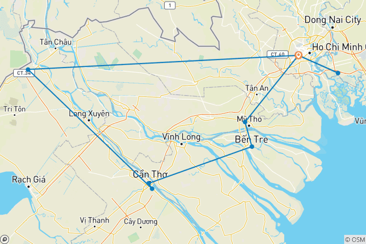 Carte du circuit Joyaux cachés de Ho Chi Minh et du delta du Mékong : circuit de 6 jours