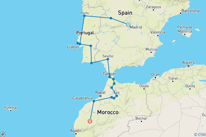 Carte du circuit Aventure en Espagne, au Portugal et au Maroc