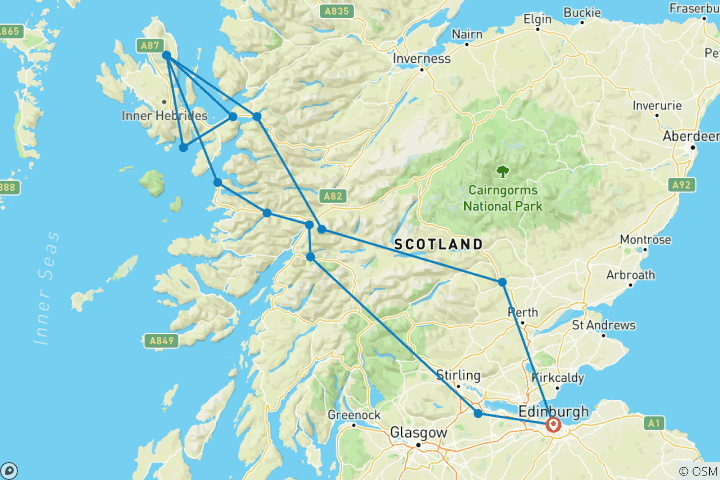 Carte du circuit Au départ d'Édimbourg : circuit de 4 jours sur l'île de Skye et dans les Highlands de l'Ouest