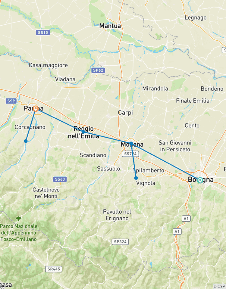 Circuito Prueba a Italia, ciclismo Culinario Emilia - Romaña - clásico autoguiado 8 días