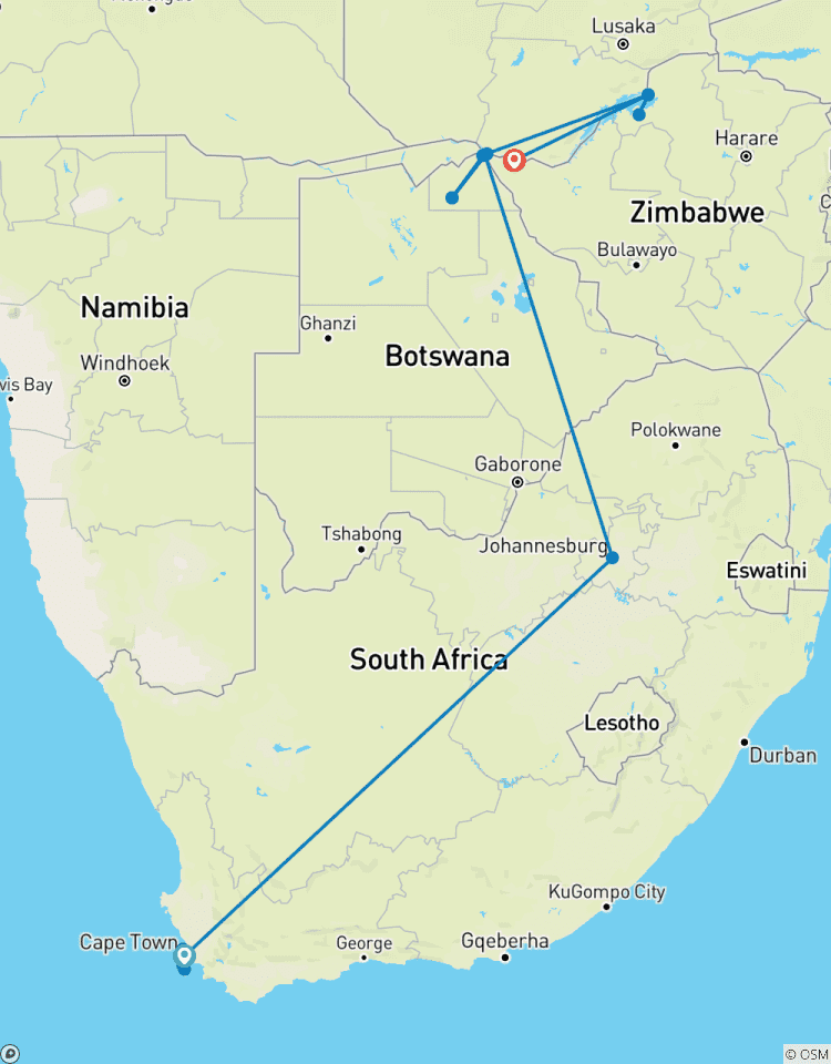 Croisière safari le long du fleuve Zambèze - Afrique du Sud, Botswana, Namibie, Zimbabwe avec séjour prolongé dans la péninsule du Cap (croisière de port à port) (17 destinations) circuit