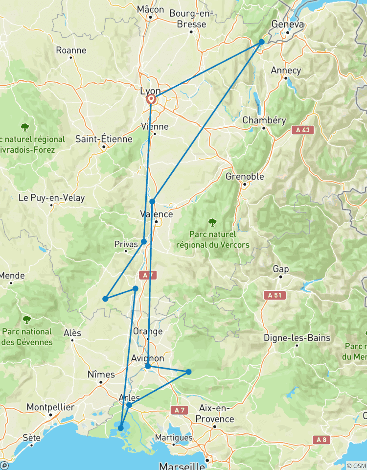 Alle wichtigen Sehenswürdigkeiten an der Rhône zwischen Lyon, der Provence und der Camargue mit einem Abendessen im Restaurant Abbaye de Collonges von Paul Bocuse (Kreuzfahrt von Hafen zu Hafen) (10 Destinationen) Rundreise