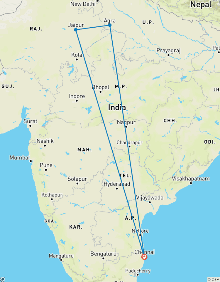 Voyage privé de 3 jours dans le Triangle d\'Or au départ de Chennai : lever de soleil sur le Taj Mahal, hôtels de luxe, vols et billets d\'entrée en ligne. circuit