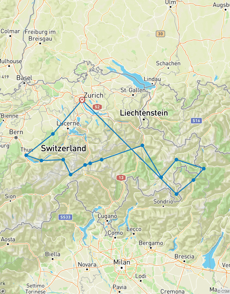 Schweizer Alpenpässe & Stelvio (Italien) voreingestellte Navi-Führung Rundreise
