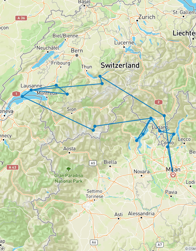 Circuito Circuito de 6 días en grupo pequeño por los lagos Italianos y los Alpes Suizos desde Milán