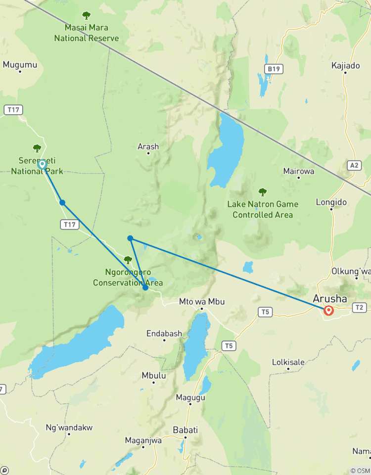 Circuito Safari de 3 días en el Serengeti y el Ngorongoro con alojamiento en vuelo desde Zanzíbar