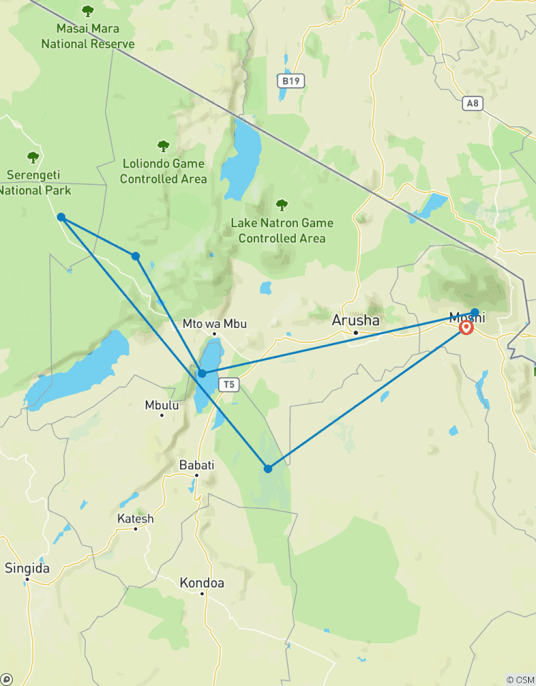 8- jours Tarangire, Serengeti, Ngorongoro, lac Manyara, chutes d\'eau de Materuni et circuit du café - (hébergement et transport inclus) circuit