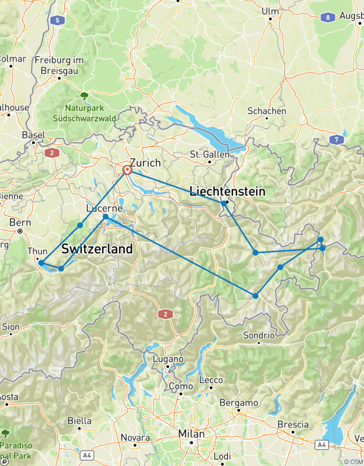 Die Schweizer Alpen und Bergpässe voreingestellte geführte Sat-Nav Reise Rundreise