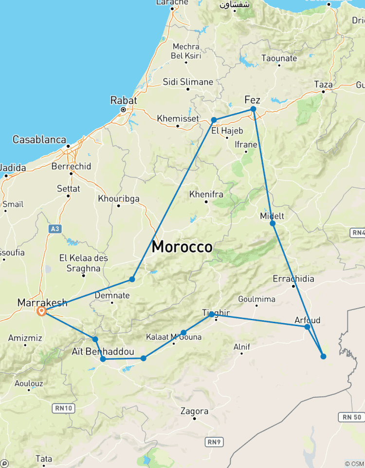6 Tage von Marrakech aus: Atlasgebirge, Sahara-Wüste & Fes Privat Rundreise