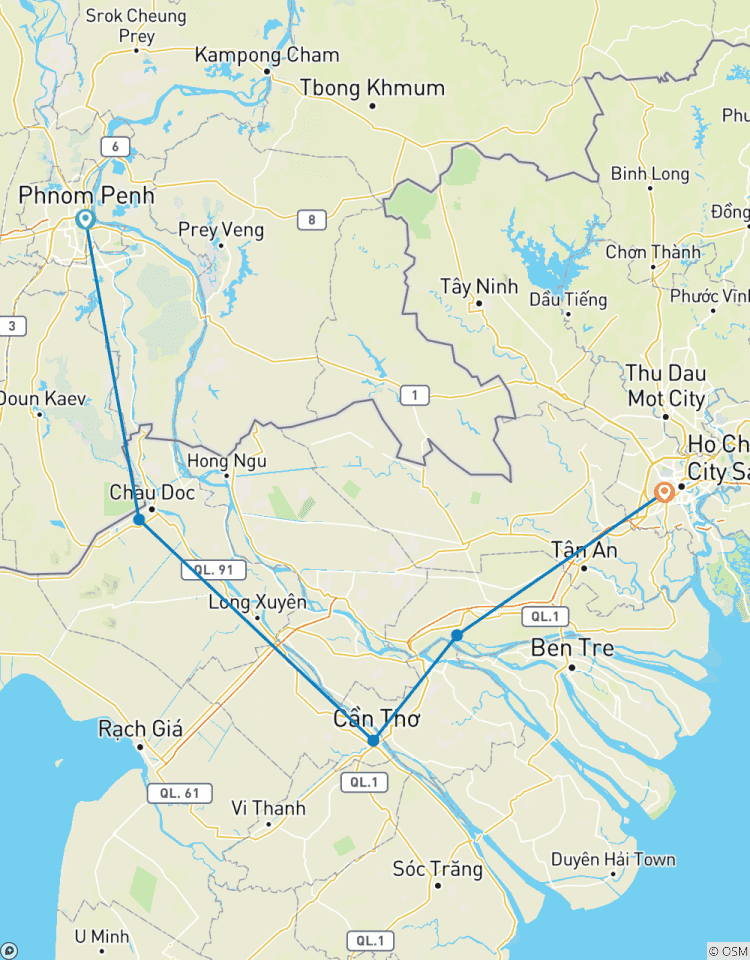 Von Phnom Penh nach Saigon über Can Tho, Chau Doc, Cai Be mit Mekong Eyes Cruise (flussabwärts) - 4 Tage Rundreise