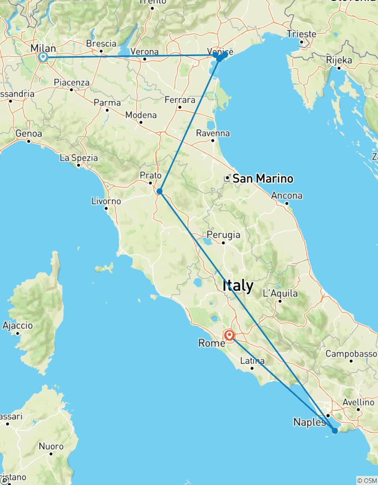 Milaan, Venetië, Florence, Sorrento & Rome – een duurzame rondreis per trein – met 3* hotels-rondreis
