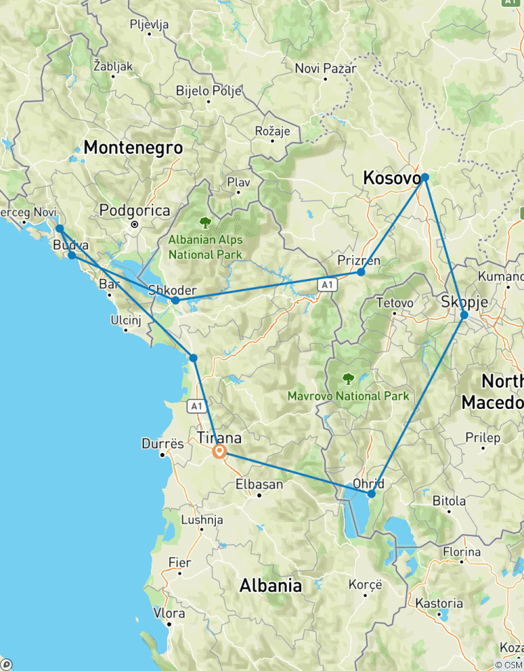 Circuito Circuito por Kosovo, Montenegro y Macedonia del norte en 3 días desde Albania